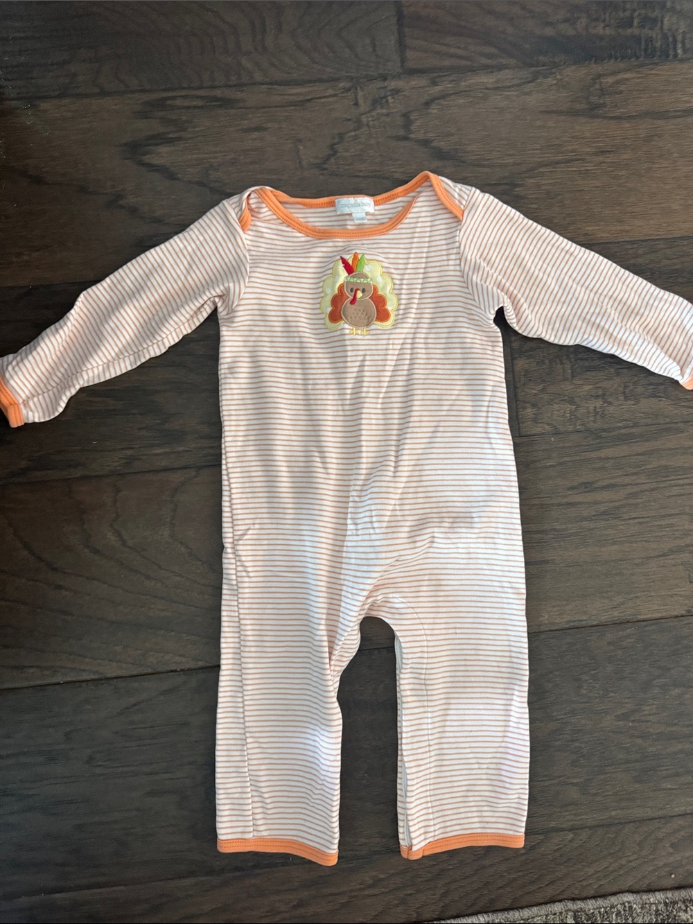 Magnolia baby Orange Trim Baby One-Piece with Turkey Applique